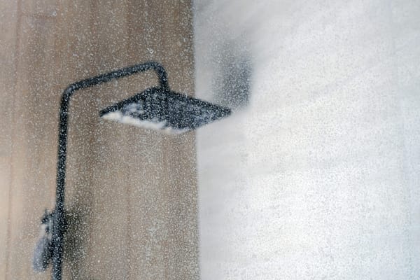 Black rain showerhead seen through shower glass covered in white water spots