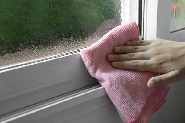 Hand wiping condensation off a rainy window sill with a pink cloth