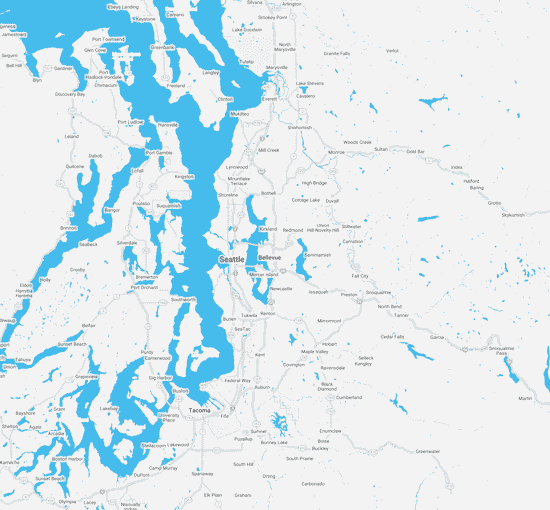A small square map of the Seattle area where SimplyClean provides service. The land is white and the water is blue.