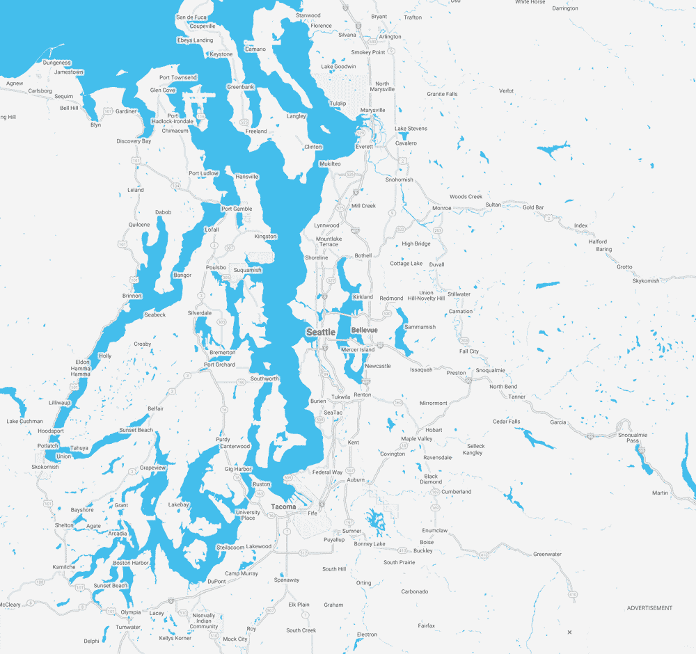 A square map of the Seattle area where SimplyClean provides service. The land is white and the water is blue.