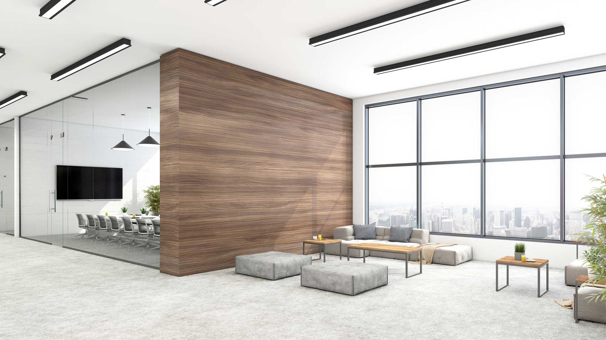 Clean, modern commercial waiting area with visible office space in a bright Seattle high-rise