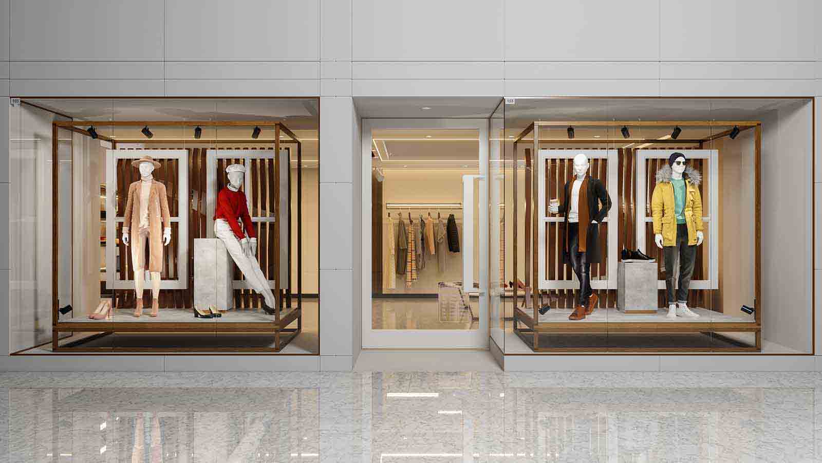 A modern clothing storefront with clean glass windows, organized displays, and a polished retail interior, professionally maintained before opening hours in Seattle