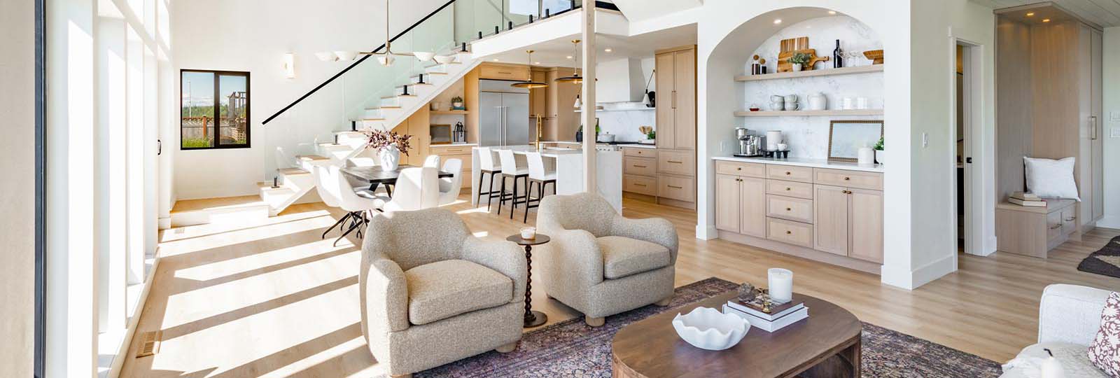 Bright open-plan Seattle home with living room, dining area, and kitchen visible — custom cleaning task icons showing available services by Simply Clean