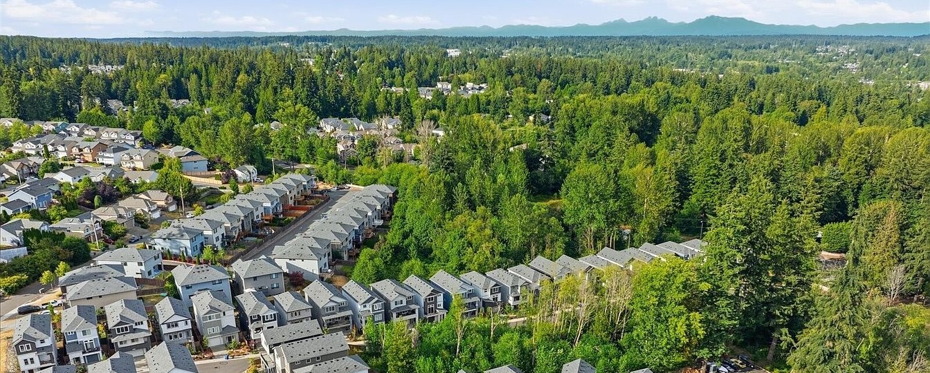 Aerial view of Bothell homes along curving streets, surrounded by forest with mountains on the horizon