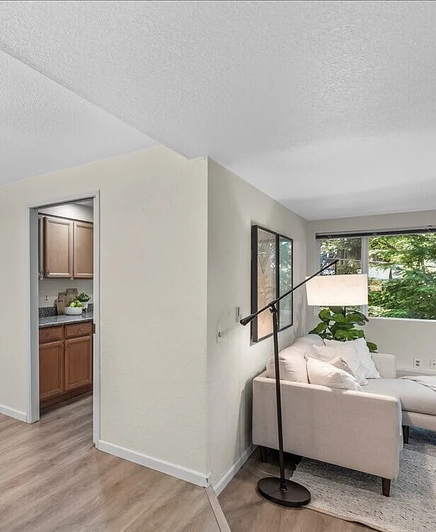 Tidy living room with a cream sofa, floor lamp and light wood floors, doorway to a kitchen with wood cabinets