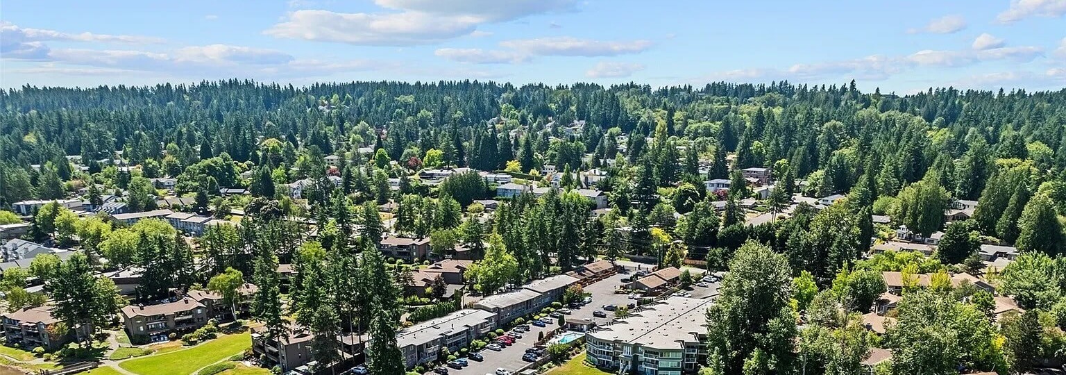 Aerial view of Redmond homes and apartment buildings among tall evergreen trees