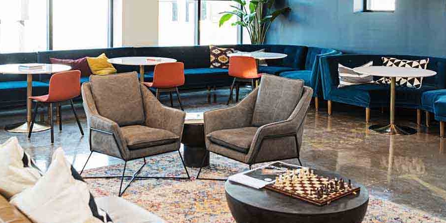 Clean community organization interior with seating and shared spaces in a nonprofit facility in Seattle