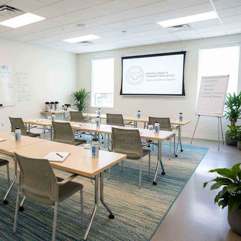 Clean nonprofit training room with tables, chairs, and presentation space prepared for workshops and meetings