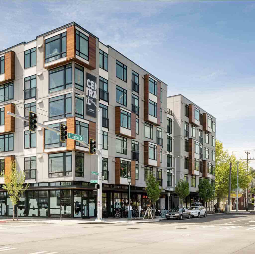 Clean apartment lobby and hallway common area in a Seattle building