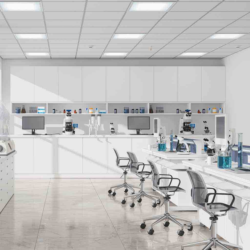 Clean biotechnology office workspace with modern desks and administrative areas near a laboratory-style environment