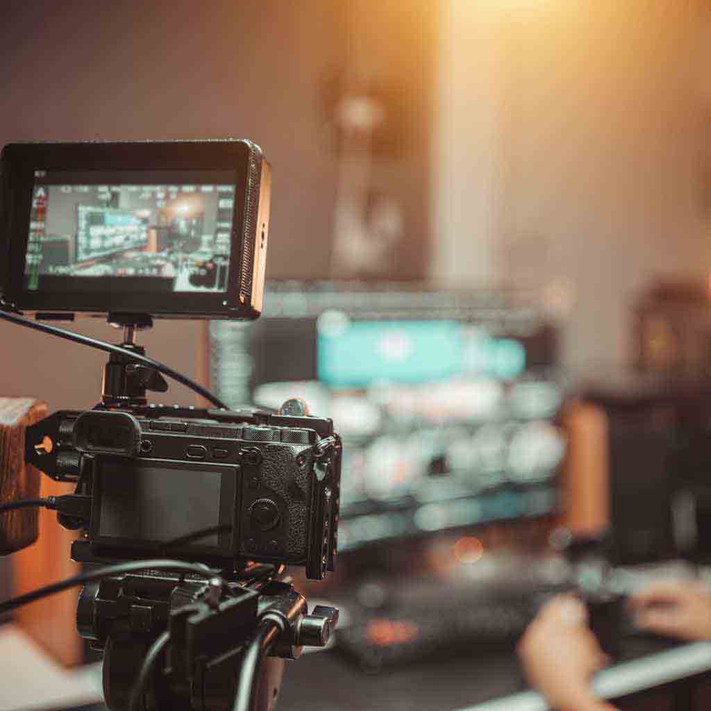 Media production office with editing monitors, sound equipment, and a clean workstation setup in a professional workspace