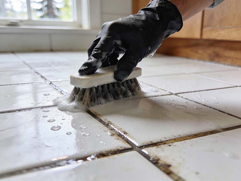 Professional cleaner scrubbing tile grout during a deep cleaning service in a Seattle home by Simply Clean