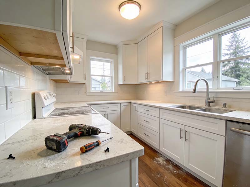 Newly renovated Seattle kitchen after professional post-remodel cleaning service by Simply Clean — dust-free countertops and gleaming fixtures