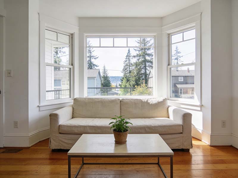 Bright tidy living room in a Seattle home maintained through regular cleaning service by Simply Clean